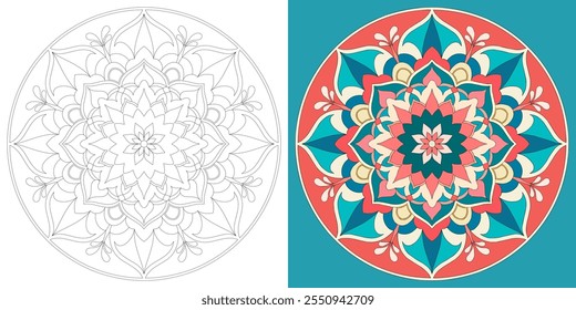 Mandala artwork inspired by Japanese patterns for coloring and other purposes such as textiles and decorations together with suggested coloring as a guideline