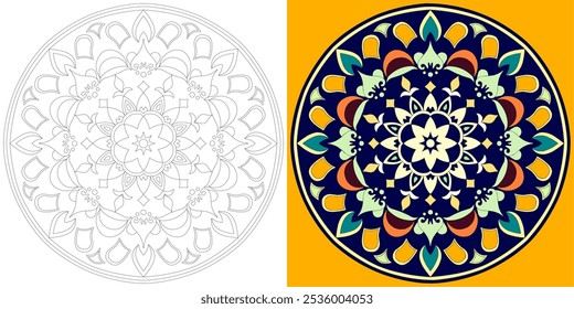 Mandala artwork inspired by traditional Thai patterns for coloring and other purposes such as textiles and decorations together with suggested coloring as a guideline