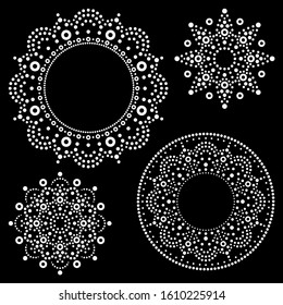 Mandala Australian dot paiting mandala set - vector design, monochorome Aboriginal traditional decorative patterns collection, Australian mosaic art. Indigenous mandalas dot pattern in white inspired 