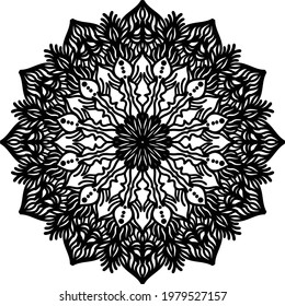Mandala background with black flowers in a sketch of ornament pattern