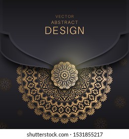 Mandala background. A golden congratulatory frame in Arabic style. Decorative ancient ornament. The card for invitations. A flower shape for the text. Vector illustrations. Design elements.