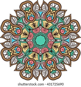 Mandala background, henna natural colors. Doodle zentangle free handdrawing style. For coloring books. Authentic ethnic pattern