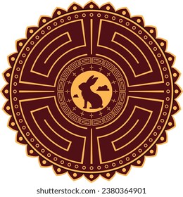 Mandala background pattern vector: rabbit, Asian art zone Red and gold tones Represents good luck and wealth.