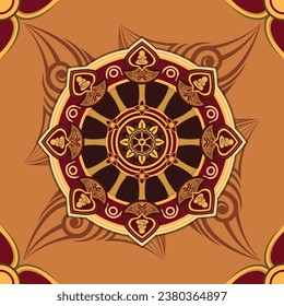 Mandala background pattern: The Wheel of Dhamma of Buddhism. Color tones: brown, dark red.