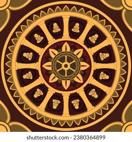 Mandala background pattern: The Wheel of Dhamma of Buddhism. Color tones: brown, gold.