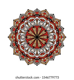 Mandala background for Valentine's day cards, prints, posters, stickers. Ethnic decorative element in circle. Hand drawn colorful pattern with love symbols hearts