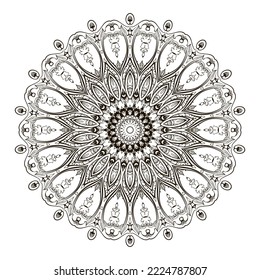 Mandala. Baroque mandala pattern. Black and white floral Damask background with vintage lines flowers, scroll leaves. Antique black ornament in Baroque Victorian style. Isolated mandala design.