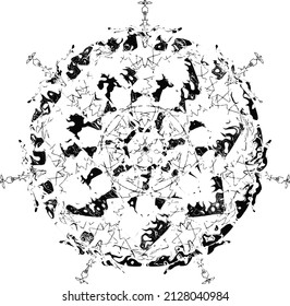 Ornamento psicomotor basado en Mandala sobre fondo transparente con capas individuales de gradiente en gris. Vector.
