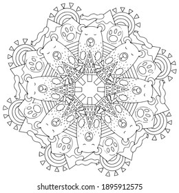 Mandala bear, mountains and trees coloring page for children and adults