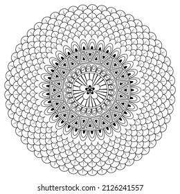 Mandala with a beautiful geometric ornament. Black outline drawing on a white background. Anti-stress coloring book for adults and children