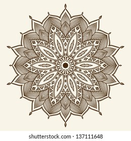 Mandala. Beautiful hand drawn flower. Ethnic lace round ornamental pattern. Can be used to fabric design, decorative paper, web design, embroidery, tattoo, etc.