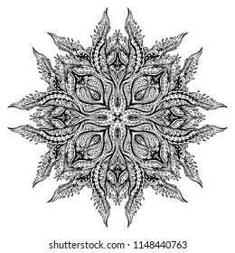 Mandala. Beautiful vintage round pattern. Hand drawn abstract background. Decorative retro banner isolated. Invitation, t-shirt print, wedding card.Tattoo, astrology, alchemy, boho and magic symbol.