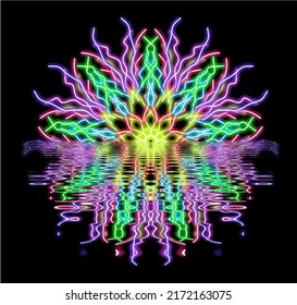 Mandala. Hermoso patrón redondo vintage. Ilustración vectorial. Composición psicodélica del neón. Indio, budismo, tatuaje espiritual, yoga, espiritualidad. Pegatina, parche, diseño gráfico de afiches.