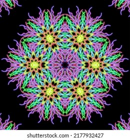 Mandala. Beautiful vintage round pattern. Vector illustration. Psychedelic neon composition. Indian, Buddhism, Spiritual Tattoo, yoga, spirituality. Sticker, patch, poster graphic design.