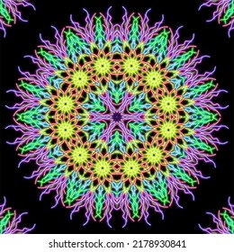 Mandala. Beautiful vintage round pattern. Vector illustration. Psychedelic neon composition. Indian, Buddhism, Spiritual Tattoo, yoga, spirituality. Sticker, patch, poster graphic design.