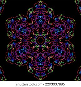 Mandala. Beautiful vintage round pattern. Vector illustration. Psychedelic neon composition. Indian, Buddhism, Spiritual Tattoo, yoga, spirituality. Sticker, patch, poster graphic design.
