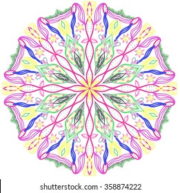 Mandala. Beautiful vintage round pattern. Hand drawn abstract background. Decorative retro banner isolated. Invitation, t-shirt print, wedding card, scrapbooking. Tattoo element. Leaves.
