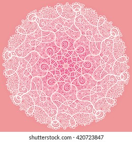 Mandala. Beautiful vintage round pattern. Hand drawn abstract background. Decorative retro banner isolated. Invitation, t-shirt print, wedding card, scrapbooking. Tattoo element. Pink colors.