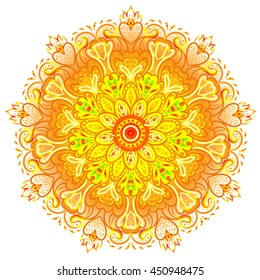 Mandala. Beautiful vintage round pattern. Hand drawn abstract background. Decorative retro banner isolated. Invitation, t-shirt print, wedding card, scrapbooking. Tattoo element. Bright colors. 