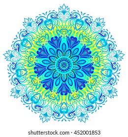 Mandala. Beautiful vintage round pattern. Hand drawn abstract background. Decorative retro banner isolated. Invitation, t-shirt print, wedding card, scrapbooking. Tattoo element. Bright colors. 