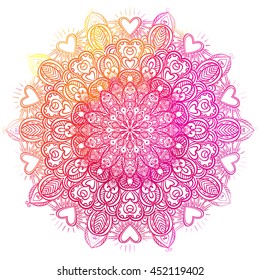 Mandala. Beautiful vintage round pattern. Hand drawn abstract background. Decorative retro banner isolated. Invitation, t-shirt print, wedding card, scrapbooking. Tattoo element. Bright colors.