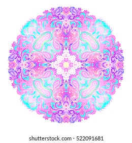 Mandala. Beautiful vintage round pattern. Vector illustration. Psychedelic  neon composition. Indian, Buddhism, Spiritual Tattoo, yoga, spirituality. Sticker, patch, poster graphic design. 