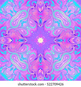 Mandala. Beautiful vintage round pattern. Vector illustration. Psychedelic  neon composition. Indian, Buddhism, Spiritual Tattoo, yoga, spirituality. Sticker, patch, poster graphic design. 