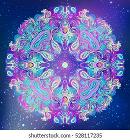 Mandala. Beautiful vintage round pattern. Vector illustration. Psychedelic neon composition. Indian, Buddhism, Spiritual Tattoo, yoga, spirituality. Sticker, patch, poster graphic design. 