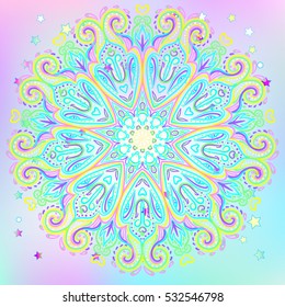 Mandala. Beautiful vintage round pattern. Vector illustration. Psychedelic neon composition. Indian, Buddhism, Spiritual Tattoo, yoga, spirituality. Sticker, patch, poster graphic design.