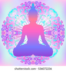 Mandala. Beautiful vintage round pattern. Vector illustration. Psychedelic neon composition. Indian, Buddhism, Spiritual Tattoo, yoga, spirituality. Sticker, patch, poster graphic design.