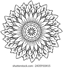 Mandala with big flower and leaves, creative hand drawn coloring page vector illustration