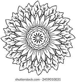 Mandala with big flower and leaves, creative hand drawn coloring page vector illustration