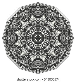 Mandala black graphic pattern, lace decoration, oriental line background, isolated design element. Black and white abstract geometric round ornament. Tribal ethnic floral mandala motif