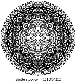 Mandala in black on a white background. Oriental pattern. Ethnic motive. Coloring book. Template for a tattoo, henna ornanent. Psychedelic vector.