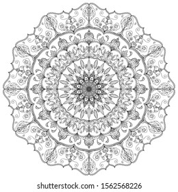 Mandala in black on a white background. Oriental pattern. Ethnic motive. Coloring book. Template for a tattoo, henna ornanent. Psychedelic vector.