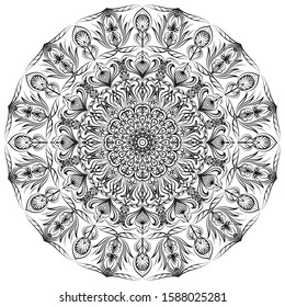 Mandala in black on a white background. Oriental pattern. Ethnic motive. Coloring book. Template for a tattoo, henna ornanent. Psychedelic vector.