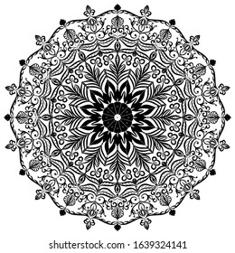 Mandala black on a white background. Delicate ethnic ornament. Template for tattooing, henna drawing. 
Pattern on fabric, paper, glass.  Vector psychedelic. Coloring.  