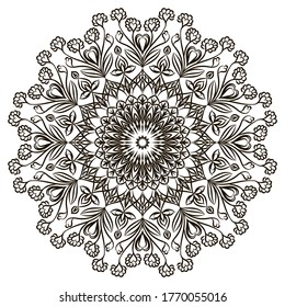 Mandala black on a white background. Circular ornament. Ethnic pattern. Template for tattoo, henna drawing. Coloring. Element of decor and psychological relief.  Vector. 