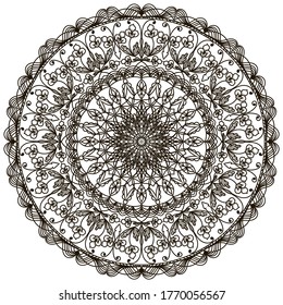 Mandala black on a white background. Circular floral ornament. Ethnic pattern. Template for tattoo, henna drawing. Coloring. Element of decoration.  Vector for psychological relief. 