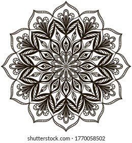 Mandala negro sobre fondo blanco. Ornamento floral circular. Patrón étnico lineal. Plantilla para tatuajes, dibujo de henna. Colores. Elemento de decoración.  Vector de ayuda psicológica.