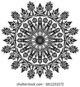 Mandala de color negro sobre fondo blanco. Patrón oriental. Motivo étnico. Libro de colorear. Plantilla para un tatuaje, henna ornanent. Vector psicodélico.