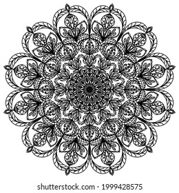 Mandala black on a white background. Circular floral ornament. Ethnic linear pattern. Template for tattoo, henna drawing. Coloring. Element of decoration. Vector for psychological relief.