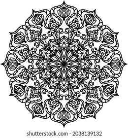 The mandala is black on a white background. Ethnic ornament in card design, placements on fabric, leather, glass, leather. Isolated object. Template for coloring, henna drawing, tattoo.  