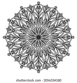 The mandala is black on a white background. Isolated ethnic pattern. Oriental ornament as a template for a tattoo, henna drawing. Pattern on fabric, paper, glass, leather.