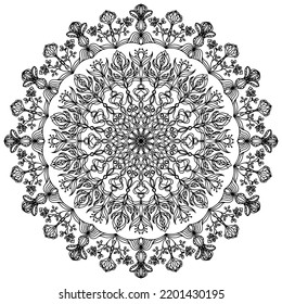 A mandala in black on a white background. Ethnic ornamentation. Isolated object. Template for colouring, henna drawing, tattoo. An element of psychological therapy.