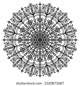 Mandala de color negro sobre fondo blanco. Ornamento floral circular. Colores, patrones de henna, tatuajes. Patrón étnico.