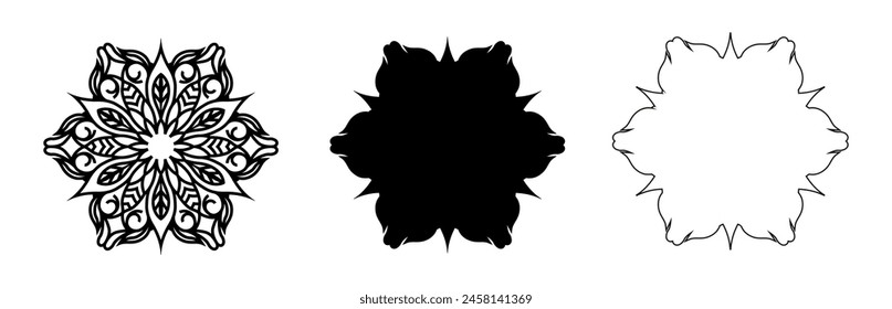 Mandala is black. Set of three- a black silhouette, outline and drawn inside. Vintage decorative elements. Oriental pattern. Islamic, Arabic, Indian, Moroccan, Turkish motifs. Vector illustration