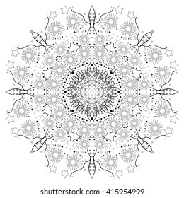 Mandala black and white. Beautifull stars in the sky