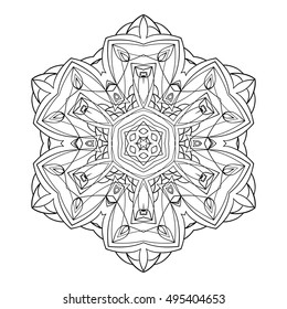 Mandala. Black and white decorative element. Picture for coloring. Snowflake.