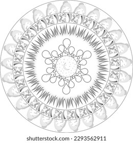 Mandala in black and white with the four components of nature. Earth, Air, Fire and Water wandering through the universe.